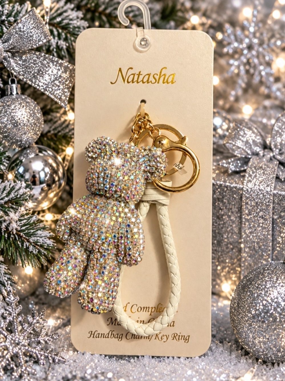 NEW Natasha Couture Multicolor Crystal Teddy Keychain Bag Charm